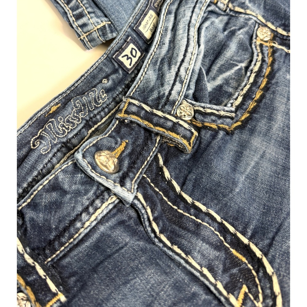 Miss Me Y2K Grunge Rhinestone Flap Pocket Bootcut Jeans Blue Denim Size 30 - Picture 7 of 16